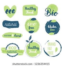 Healthy food icons, labels. Organic tags. Natural product elements. Logo for vegetarian restaurant menu. Raster illustration. Low fat stamp. Eco product.