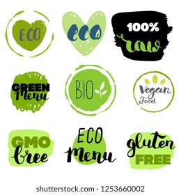 Healthy food icons, labels. Organic tags. Natural product elements. Logo for vegetarian restaurant menu. Raster illustration. Low fat stamp. Eco product.