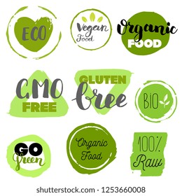 Healthy food icons, labels. Organic tags. Natural product elements. Logo for vegetarian restaurant menu. Raster illustration. Low fat stamp. Eco product.