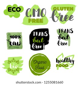 Healthy food icons, labels. Organic tags. Natural product elements. Logo for vegetarian restaurant menu. Raster illustration. Low fat stamp. Eco product.
