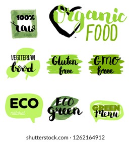 Healthy food icons, labels. Organic tags. Natural product elements. Logo for vegetarian restaurant menu. Raster illustration. Low fat stamp. Eco product.