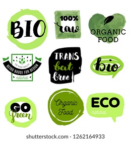 Healthy food icons, labels. Organic tags. Natural product elements. Logo for vegetarian restaurant menu. Raster illustration. Low fat stamp. Eco product.