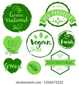Healthy food icons, labels. Organic tags. Natural product elements. Logo for vegetarian restaurant menu. Fresh, organic, gluten free, 100% bio, premium quality, locally grown, healthy food