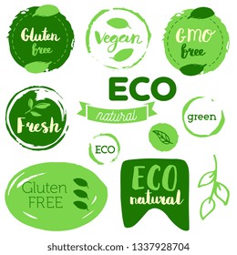 Healthy food icons, labels. Organic tags. Natural product elements. Logo for vegetarian restaurant menu. Raster illustration. Low fat stamp. Eco product.