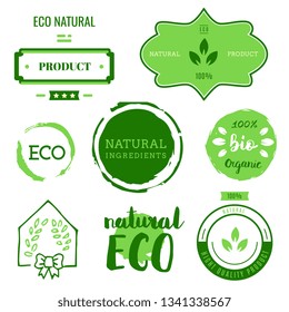 Healthy food icons, labels. Organic tags. Natural product elements. Logo for vegetarian restaurant menu. Fresh, organic, gluten free, 100% bio, premium quality, locally grown, healthy food