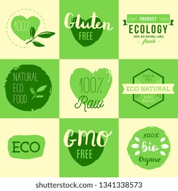 Healthy food icons, labels. Organic tags. Natural product elements. Logo for vegetarian restaurant menu. Fresh, organic, gluten free, 100% bio, premium quality, locally grown, healthy food