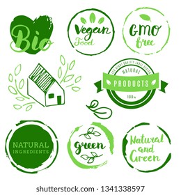 Healthy food icons, labels. Organic tags. Natural product elements. Logo for vegetarian restaurant menu. Fresh, organic, gluten free, 100% bio, premium quality, locally grown, healthy food