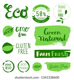 Healthy food icons, labels. Organic tags. Natural product elements. Logo for vegetarian restaurant menu. Fresh, organic, gluten free, 100% bio, premium quality, locally grown, healthy food