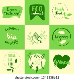 Healthy food icons, labels. Organic tags. Natural product elements. Logo for vegetarian restaurant menu. Fresh, organic, gluten free, 100% bio, premium quality, locally grown, healthy food