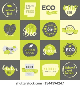 Healthy food icons, labels. Organic tags. Natural product elements. Logo for vegetarian restaurant menu. Raster illustration. Low fat stamp. Eco product.