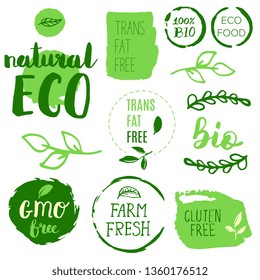 Healthy food icons, labels. Organic tags. Natural product elements. Logo for vegetarian restaurant menu. Raster illustration. Low fat stamp. Eco product.