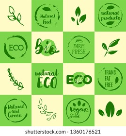 Healthy food icons, labels. Organic tags. Natural product elements. Logo for vegetarian restaurant menu. Raster illustration. Low fat stamp. Eco product.