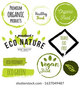 Healthy food icons, labels. Organic tags. Natural product elements. Logo for vegetarian restaurant menu. Raster illustration. Low fat stamp. Eco product.