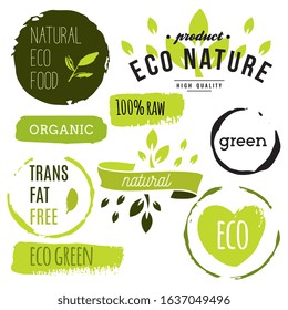 Healthy food icons, labels. Organic tags. Natural product elements. Logo for vegetarian restaurant menu. Raster illustration. Low fat stamp. Eco product.