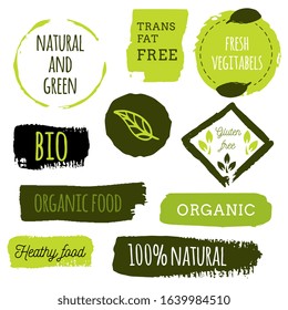 Healthy food icons, labels. Organic tags. Natural product elements. Logo for vegetarian restaurant menu. Raster illustration. Low fat stamp. Eco product.