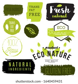 Healthy food icons, labels. Organic tags. Natural product elements. Logo for vegetarian restaurant menu. Raster illustration. Low fat stamp. Eco product.