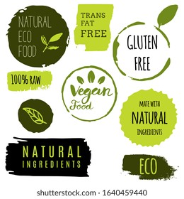Healthy food icons, labels. Organic tags. Natural product elements. Logo for vegetarian restaurant menu. Raster illustration. Low fat stamp. Eco product.