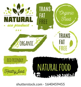 Healthy food icons, labels. Organic tags. Natural product elements. Logo for vegetarian restaurant menu. Raster illustration. Low fat stamp. Eco product.