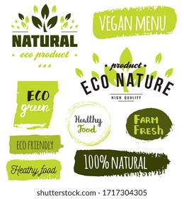 Healthy food icons, labels. Organic tags. Natural product elements. Logo for vegetarian restaurant menu. Raster illustration. Low fat stamp. Eco product.