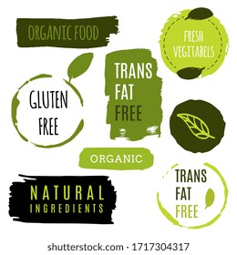 Healthy food icons, labels. Organic tags. Natural product elements. Logo for vegetarian restaurant menu. Raster illustration. Low fat stamp. Eco product.