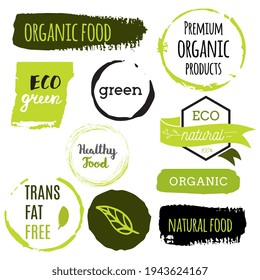 Healthy food icons, labels. Organic tags. Natural product elements. Logo for vegetarian restaurant menu. Raster illustration. Low fat stamp. Eco product.