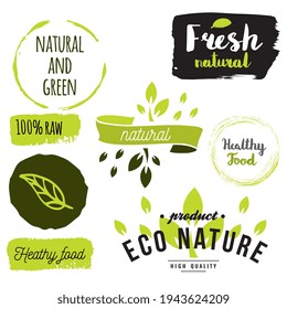 Healthy food icons, labels. Organic tags. Natural product elements. Logo for vegetarian restaurant menu. Raster illustration. Low fat stamp. Eco product.