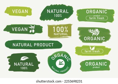 Healthy food icons, labels. Organic tags. Natural product elements. Logo for vegetarian restaurant menu. Fresh, organic, gluten free, 100% bio, premium quality, locally grown, healthy food