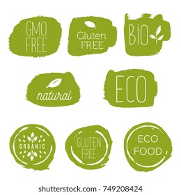 Healthy food icons, labels. Organic tags. Natural product elements. Logo for vegetarian restaurant menu. Raster illustration. Low fat stamp. Eco product.