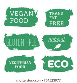 Healthy food icons, labels. Organic tags. Natural product elements. Logo for vegetarian restaurant menu. Raster illustration. Low fat stamp. Eco product.