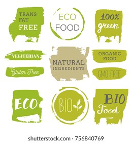 Healthy food icons, labels. Organic tags. Natural product elements. Logo for vegetarian restaurant menu. Eco product.