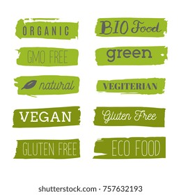 Healthy food icons, labels. Organic tags. Natural product elements. Logo for vegetarian restaurant menu. Raster illustration. Low fat stamp. Eco product.
