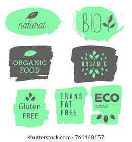 Healthy food icons, labels. Organic tags. Natural product elements. Logo for vegetarian restaurant menu. Raster illustration. Low fat stamp. Eco product.