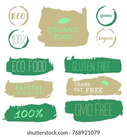 Healthy food icons, labels. Organic tags. Natural product elements. Logo for vegetarian restaurant menu. Raster illustration. Low fat stamp. Eco product.