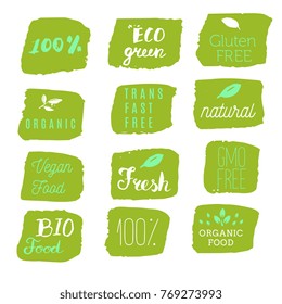 Healthy food icons, labels. Organic tags. Natural product elements. Logo for vegetarian restaurant menu. Raster illustration. Low fat stamp. Eco product.