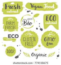Healthy food icons, labels. Organic tags. Natural product elements. Logo for vegetarian restaurant menu. Raster illustration. Low fat stamp. Eco product.