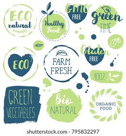 Healthy food icons, labels. Organic tags. Natural product elements. Logo for vegetarian restaurant menu. Raster illustration. Low fat stamp. Eco product.