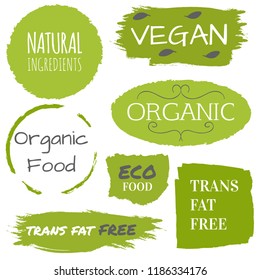 Healthy food icons, labels, tags. Organic, natural product elements. Logo for vegetarian restaurant menu. Low fat stamp. Eco product.