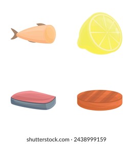 Healthy food icons set cartoon vector. Fresh meat fish and half lemon. Nutrition concept