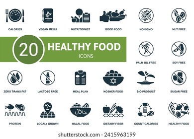 Healthy food icons set. Creative icons: calories, vegan menu, nutritionist, good food, non gmo, nut free, palm oil free, soy free, zero trans fat and more