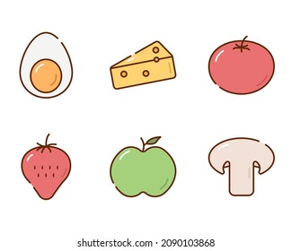 Healthy food icons set. Cute colorful icons egg, cheese, tomato, strawberry, apple, champignon. Vector illustration isolated on white background
