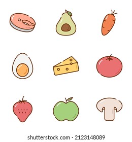 Healthy food icons set. Cute colorful icons apple, egg, avocado, cheese, carrot, tomato, strawberry, champignon and salmon steak. Vector illustration isolated on white background