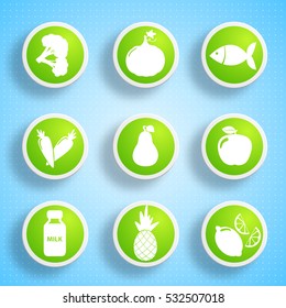 Healthy food icons set with different products useful for human body on blue background isolated vector illustration