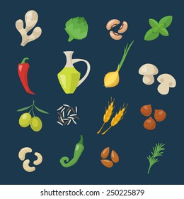 Healthy food icons set on dark background