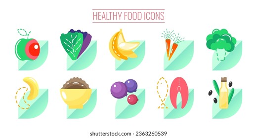 Healthy food icons. Vector illustration, flat style, bright green colours. Set of fresh nutritious products.