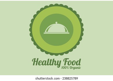 healthy food illustration, circular label with a tray over green color background