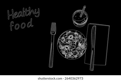 Healthy food illustration design. Wholesome nutrition eating plan outline. Restaurant menu diet wellness blog. Minimalist black background vector art.