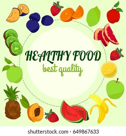 Healthy food illustration with fruits set and inscription