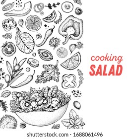 Healthy food illustration. Hand drawn sketch. Cooking salad. Vegan food. Vitamins and minerals for immunity. Engraved style. Black and white.