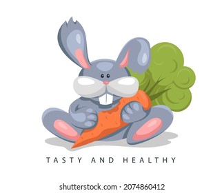 Healthy food illustration for vegan. Cartoon bunny with carrot vector cartoon symbol health diet.