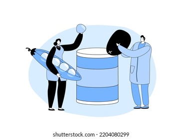 Healthy Food Industry, Vegetarian Nutrition, Conserves Manufacture. Male and Female Characters Work on Canning Factory, Inspecting Green Peas before Putting to Tin Can. Cartoon Vector Illustration